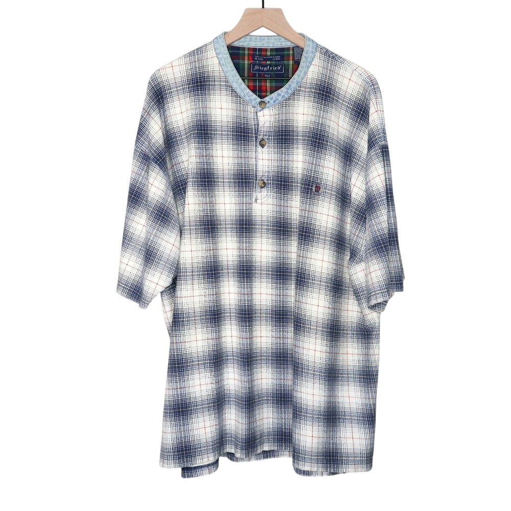Siegfried Mens VTG‎ Shirt 2XLT Blue Plaid Preppy Streetwear Academia Crest 90s